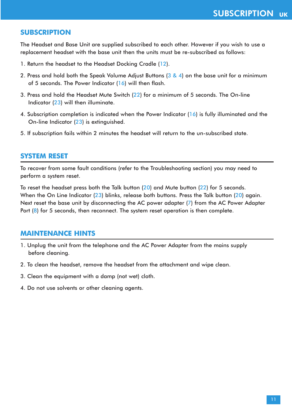 Subscription, System reset, Maintenance hints | Plantronics CS60 DECT User Manual | Page 11 / 15