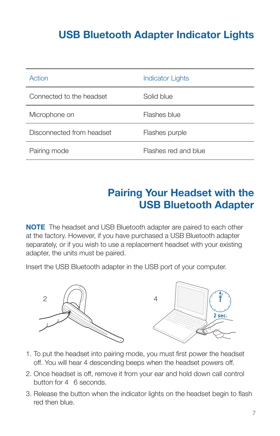 Usb bluetooth adapter indicator lights | Plantronics CALISTO HEADSET WITH BLUETOOTH USB ADAPTER 56-K61A-15000 User Manual | Page 11 / 16