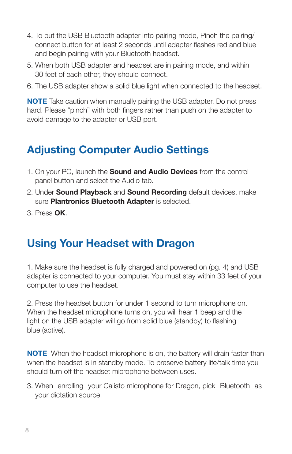 Adjusting computer audio settings, Using your headset with dragon | Plantronics CALISTO HEADSET WITH BLUETOOTH USB ADAPTER 56-K61A-15000 User Manual | Page 12 / 16