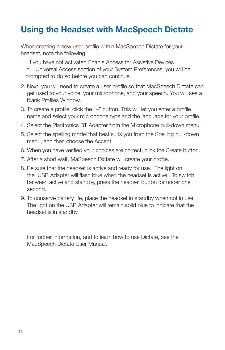 Using the headset with macspeech dictate | Plantronics CALISTO HEADSET WITH BLUETOOTH USB ADAPTER 56-K61A-15000 User Manual | Page 14 / 16