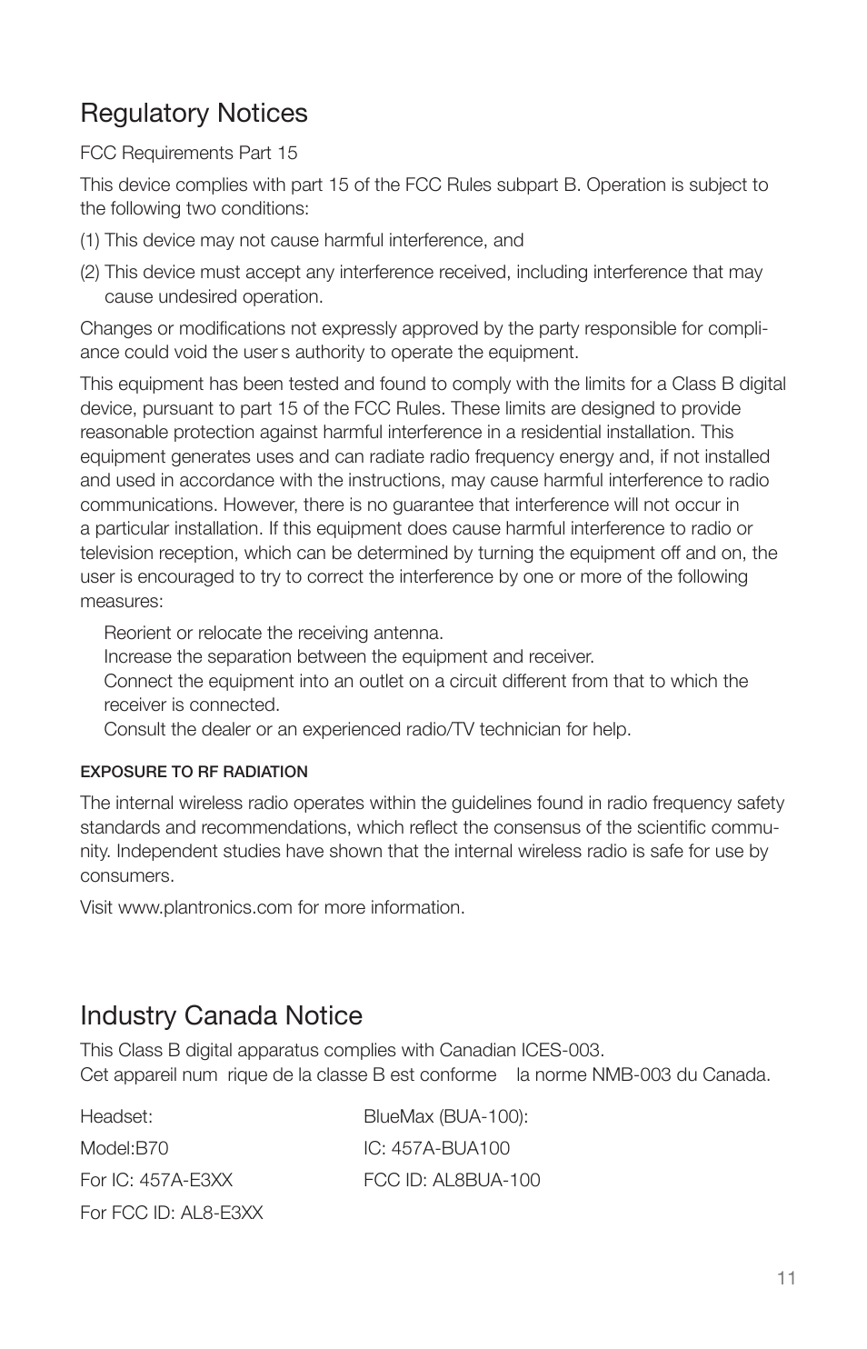 Regulatory notices, Industry canada notice | Plantronics CALISTO HEADSET WITH BLUETOOTH USB ADAPTER 56-K61A-15000 User Manual | Page 15 / 16