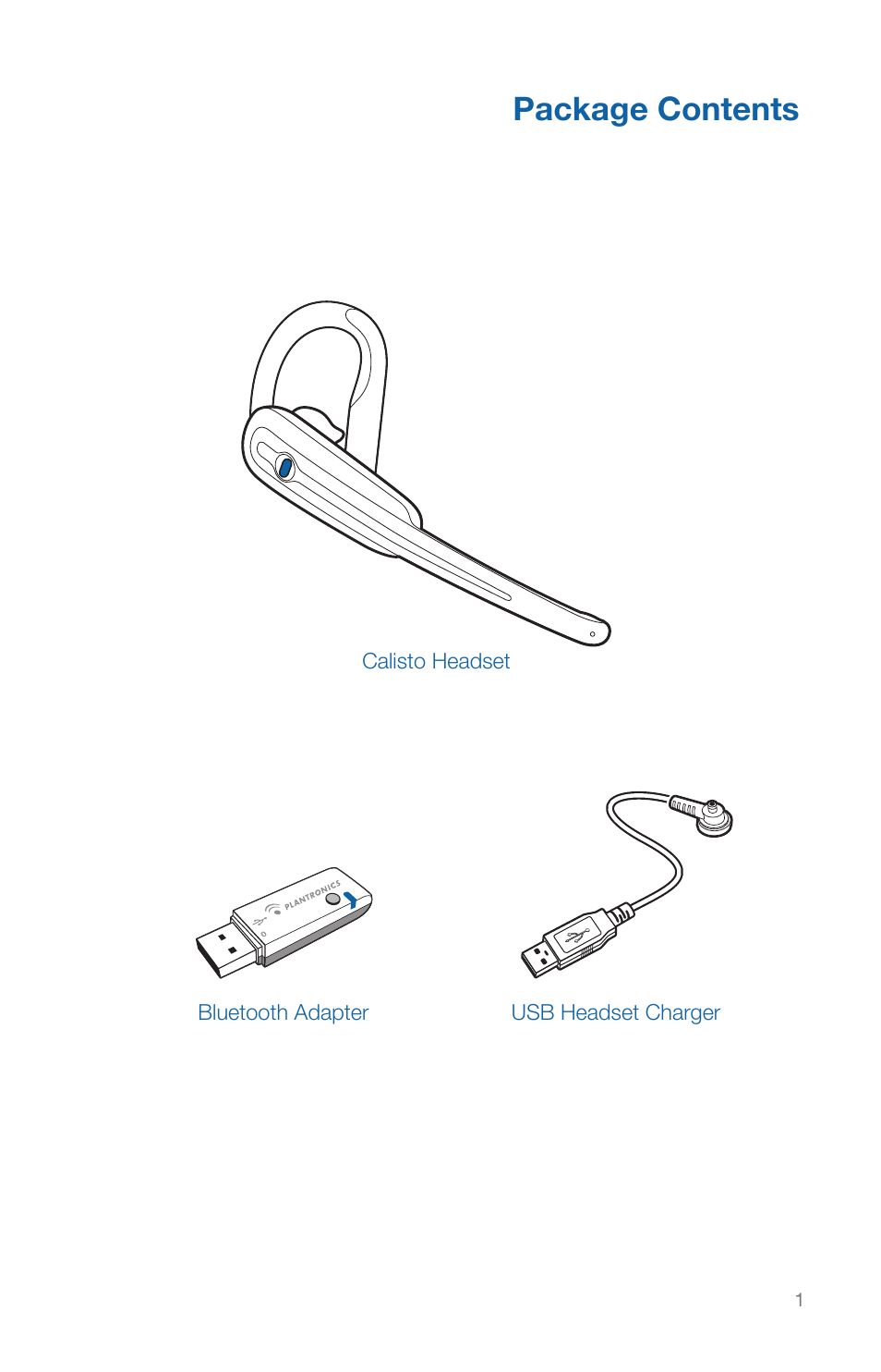 Package contents | Plantronics CALISTO HEADSET WITH BLUETOOTH USB ADAPTER 56-K61A-15000 User Manual | Page 5 / 16