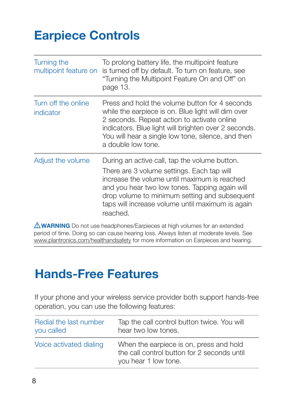 Earpiece controls, Hands-free features | Plantronics Discovery 925 User Manual | Page 12 / 24