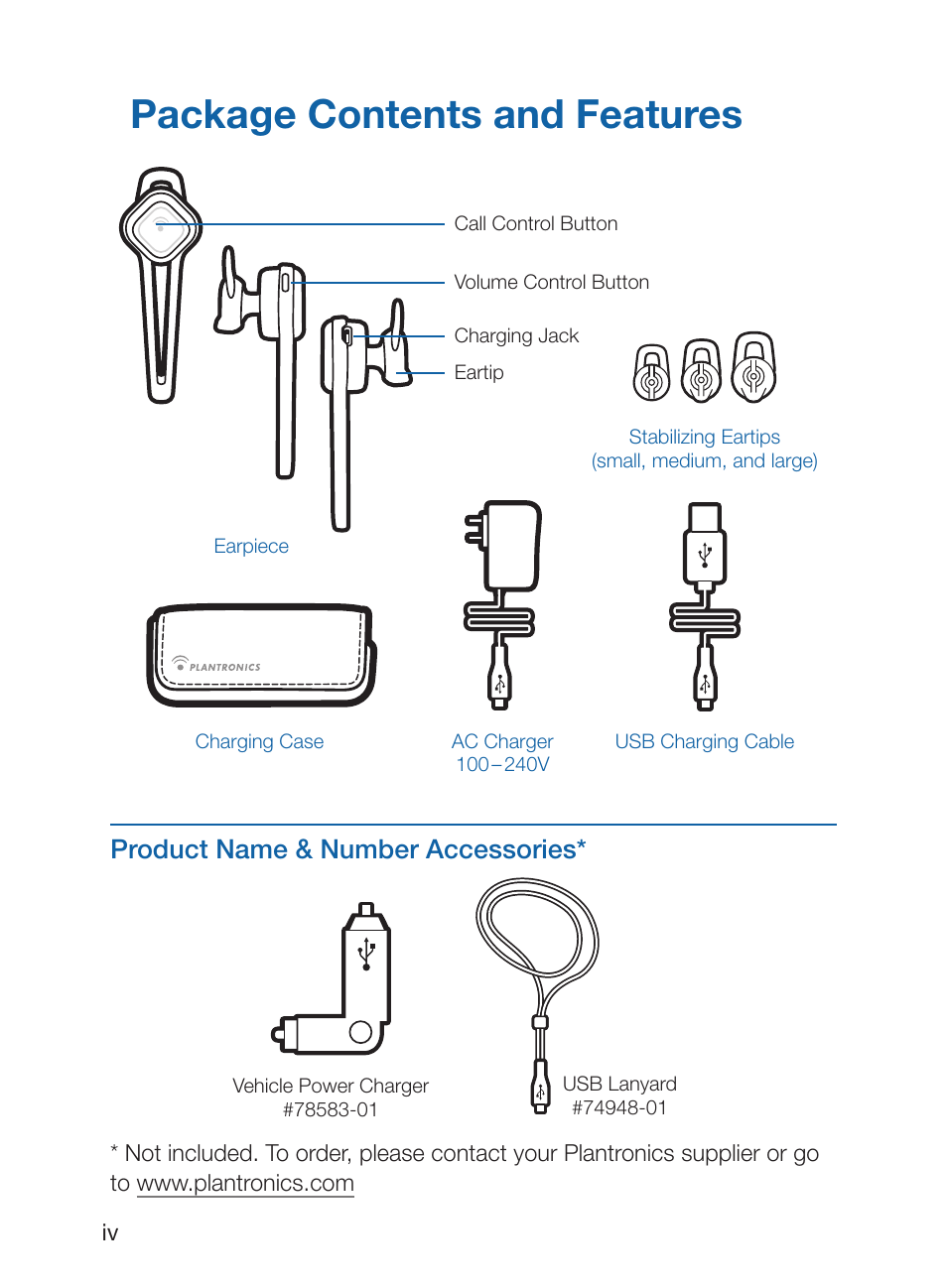 Package contents and features, Product name & number accessories | Plantronics Discovery 925 User Manual | Page 4 / 24