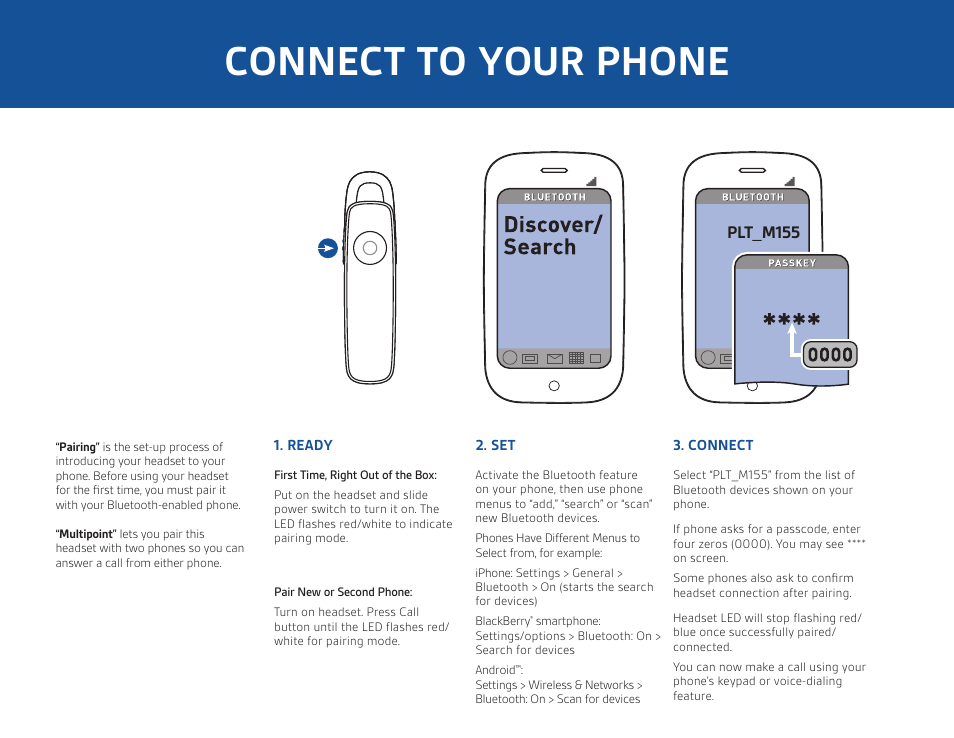Connect to your phone, Plt_m155 | Plantronics M155 User Manual | Page 4 / 8