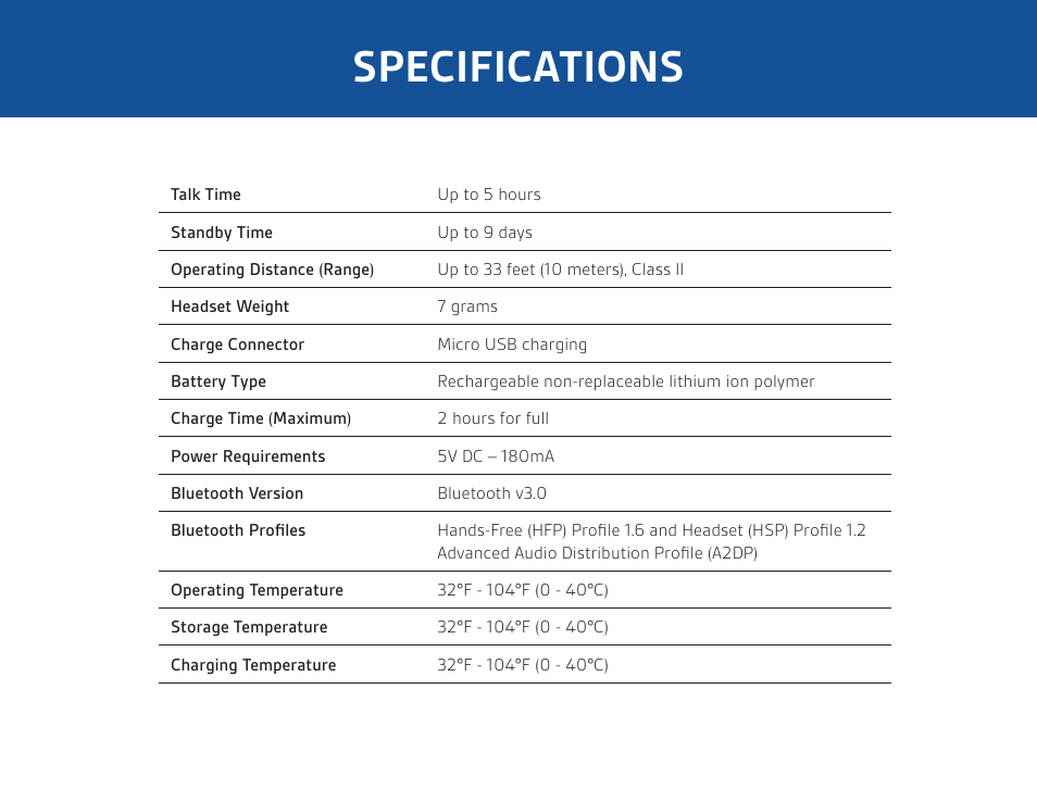 Specifications | Plantronics M155 User Manual | Page 7 / 8
