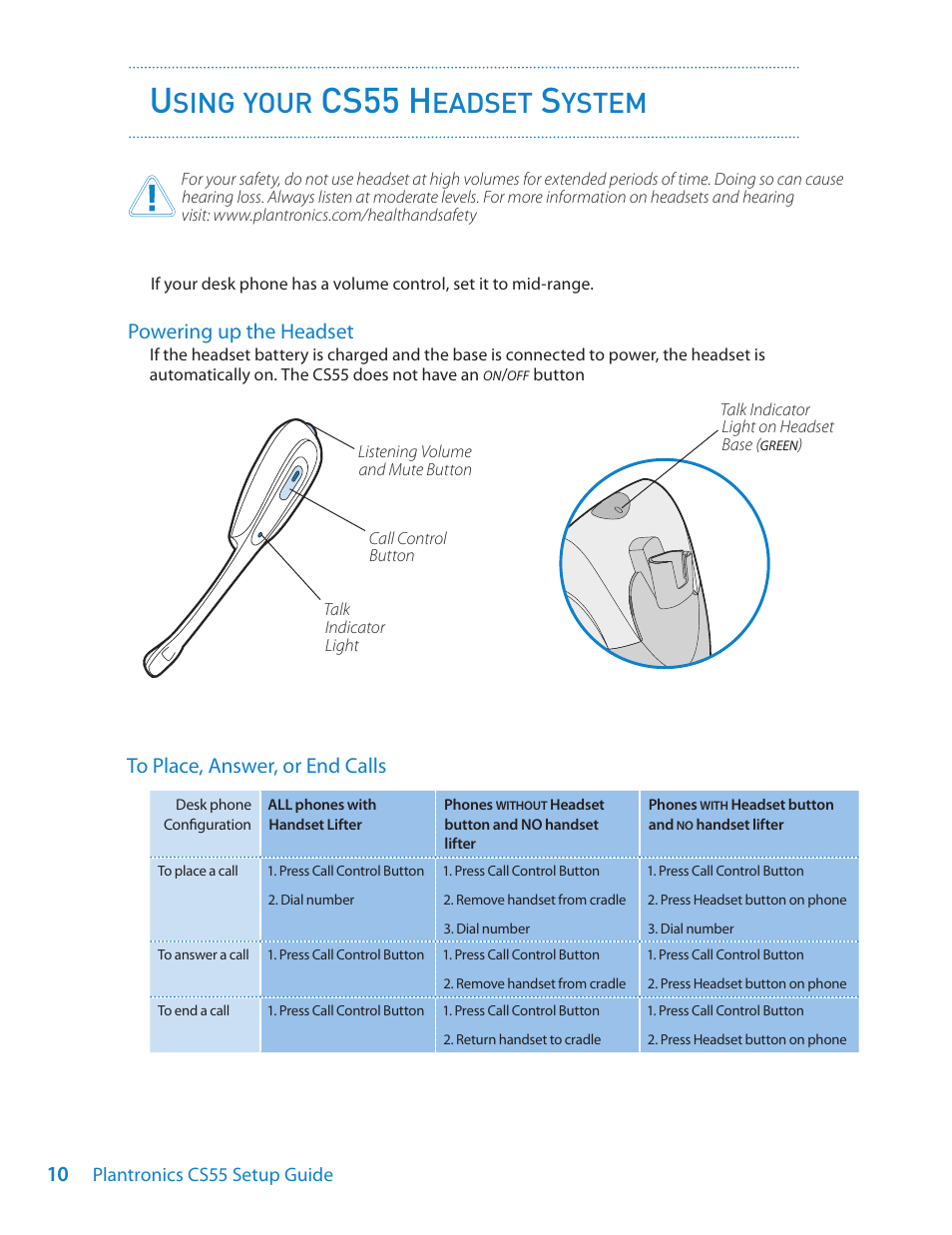 Cs55 h, Sing, Your | Eadset, Ystem, Powering up the headset | Plantronics CS55 Series User Manual | Page 10 / 16