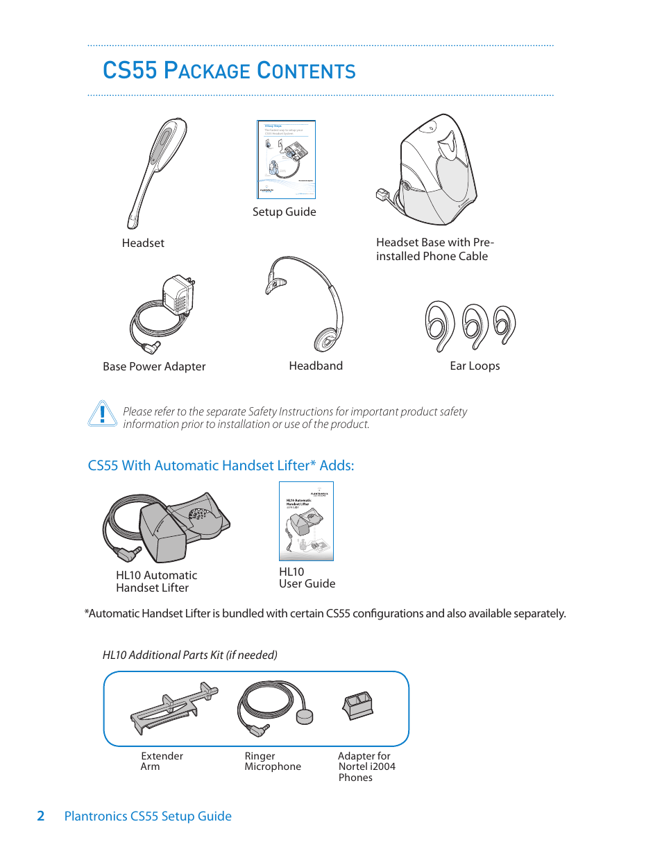 Cs55 p, Ackage, Ontents | Cs55 with automatic handset lifter* adds | Plantronics CS55 Series User Manual | Page 2 / 16