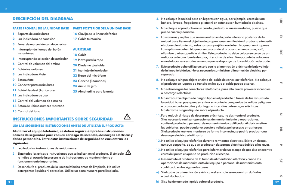 Instrucciones importantes sobre seguridad, Descripción del diagrama | Plantronics T10 User Manual | Page 16 / 47