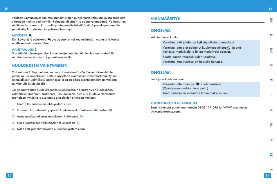 Vianmääritys ongelma, Ongelma, Kuulokkeen vaihtaminen | Plantronics T10 User Manual | Page 42 / 47
