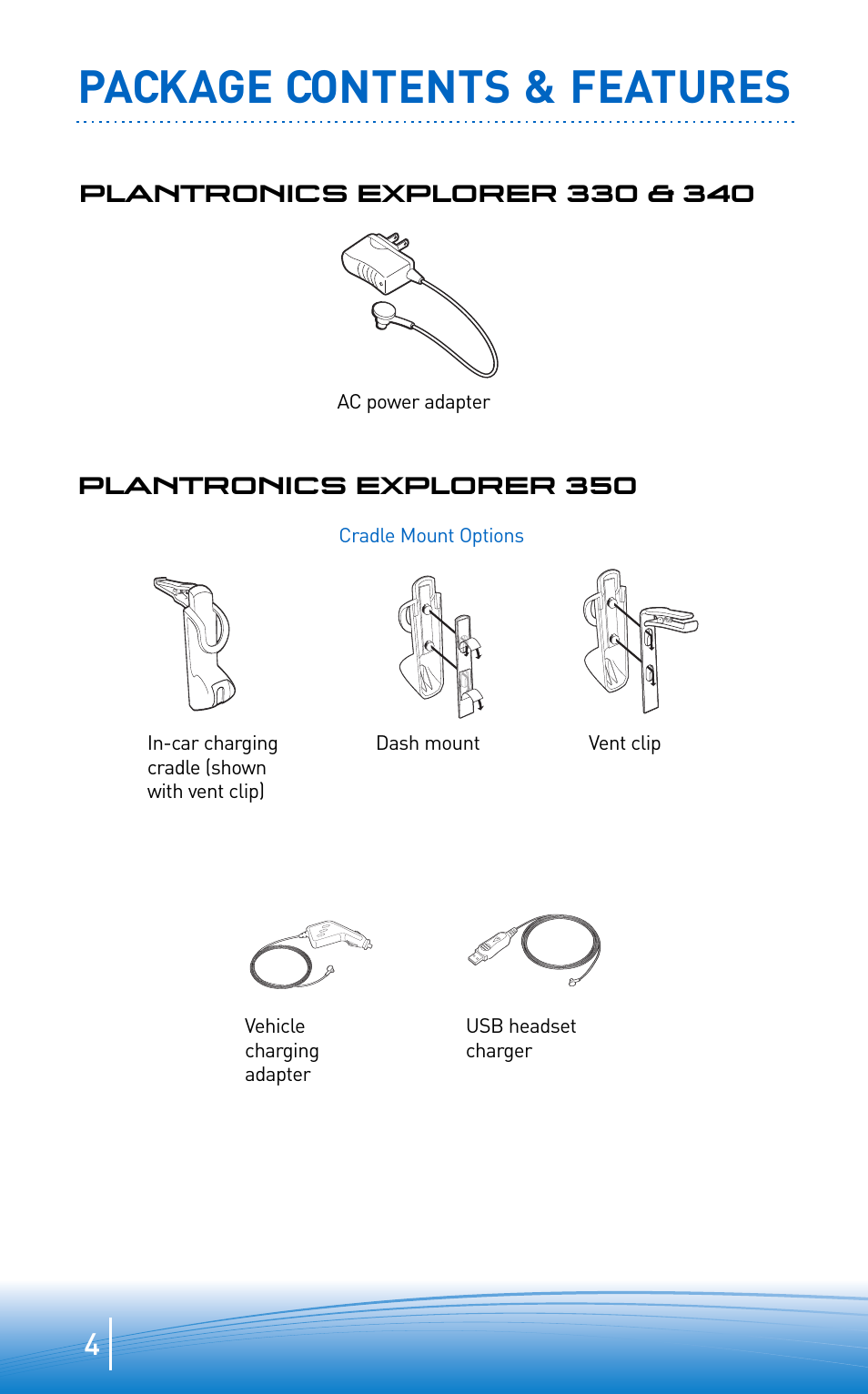 Package contents & features | Plantronics EXPLORER 300 User Manual | Page 4 / 32