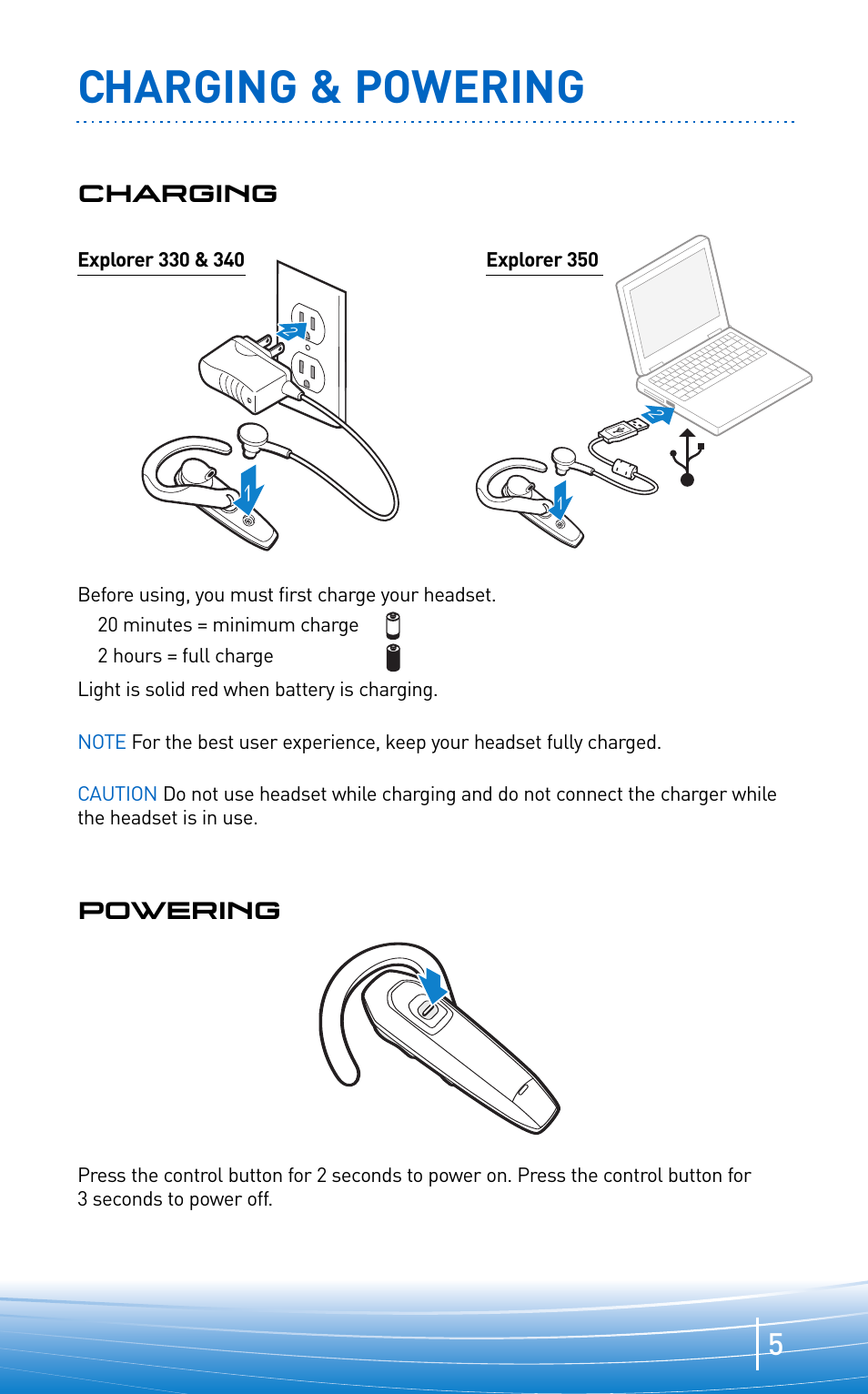 Charging & powering | Plantronics EXPLORER 300 User Manual | Page 5 / 32