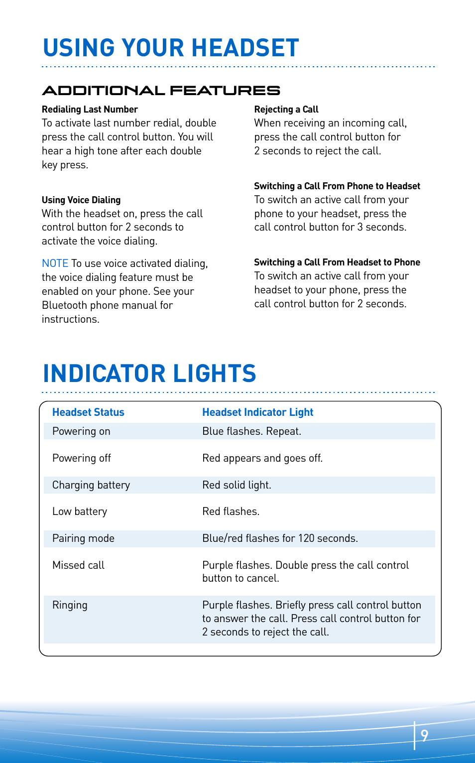 Using your headset, Indicator lights | Plantronics EXPLORER 300 User Manual | Page 9 / 32