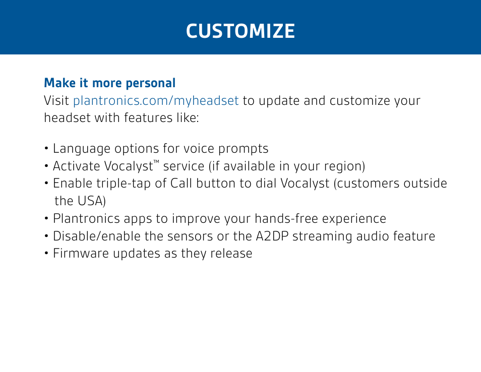 Customize | Plantronics Voyager PRO HD User Manual | Page 4 / 10