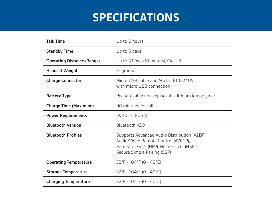 Specifications | Plantronics Voyager PRO HD User Manual | Page 9 / 10