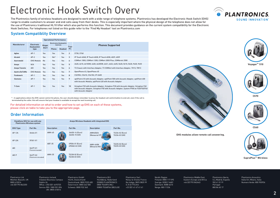 Electronic hook switch overview, System compatiblity overview, 4order information | Plantronics Electronic Hook Switch User Manual | Page 2 / 3