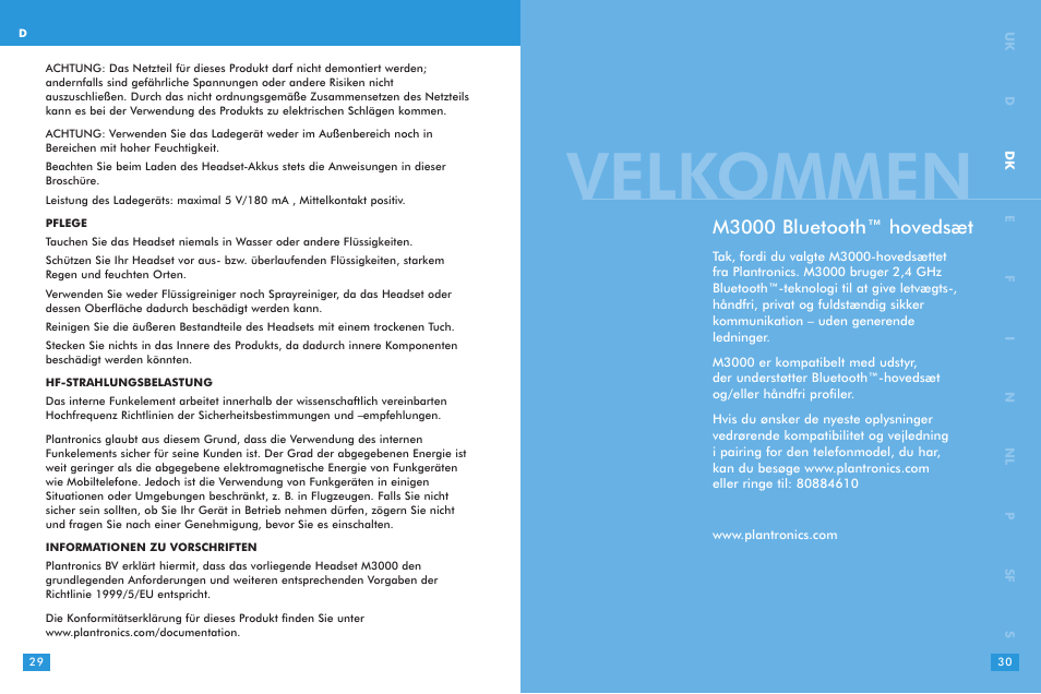 Velkommen, M3000 bluetooth™ hovedsæt | Plantronics M 3000 User Manual | Page 15 / 69