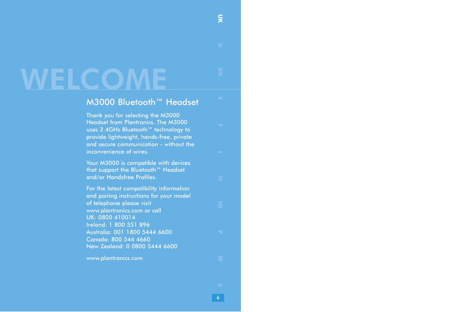 Welcome, M3000 bluetooth™ headset | Plantronics M 3000 User Manual | Page 3 / 69