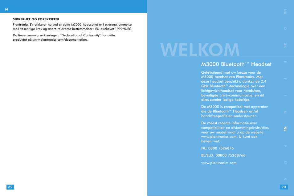 Welkom, M3000 bluetooth™ headset | Plantronics M 3000 User Manual | Page 45 / 69