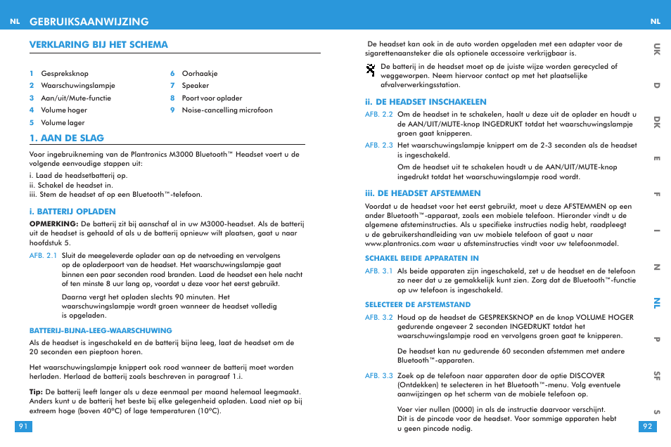 Gebruiksaanwijzing | Plantronics M 3000 User Manual | Page 46 / 69