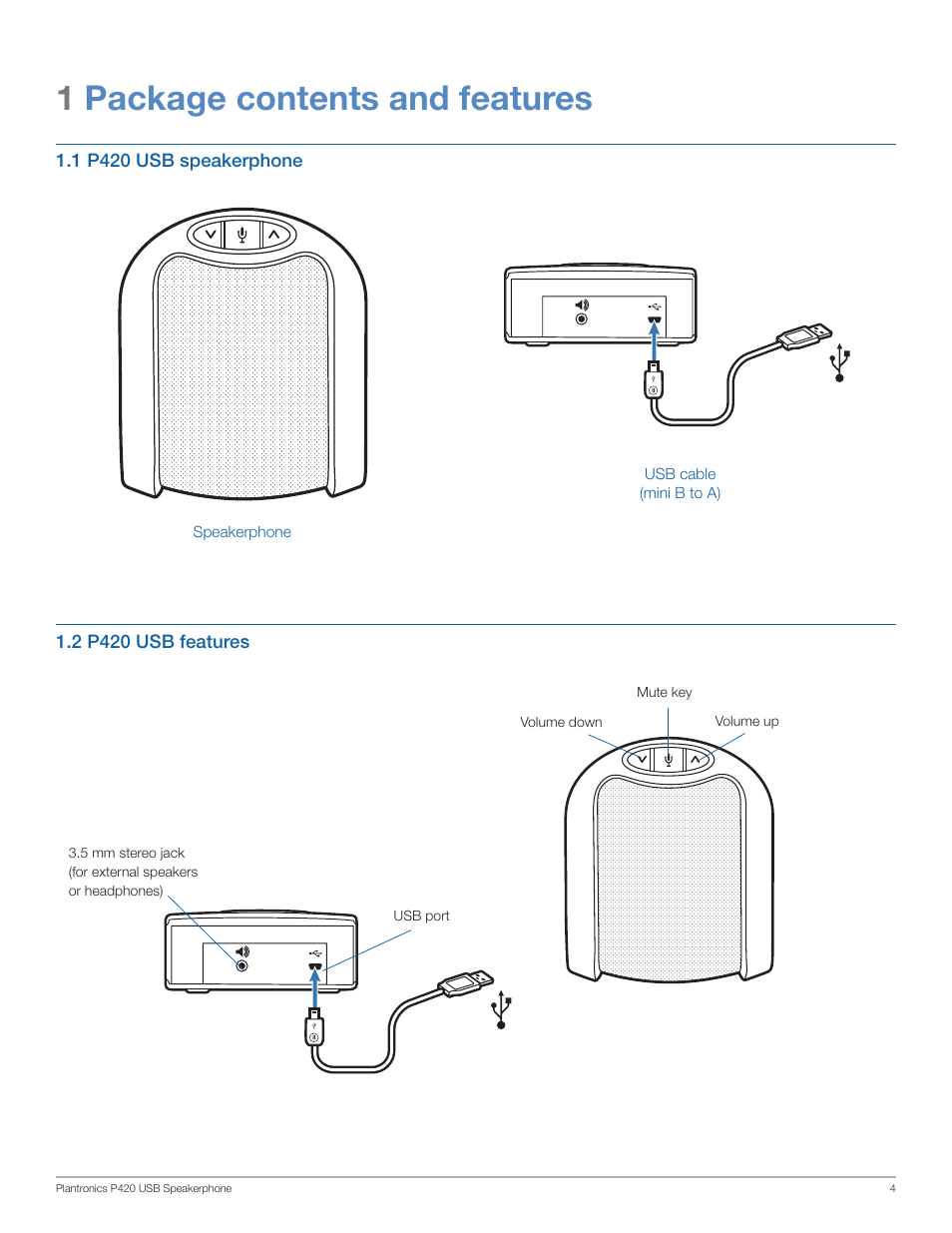 1package contents and features | Plantronics P420 User Manual | Page 4 / 7