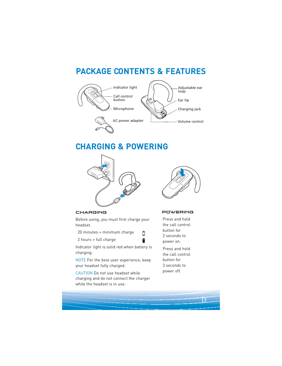 Package contents & features, Charging & powering | Plantronics explorer 220 User Manual | Page 3 / 12