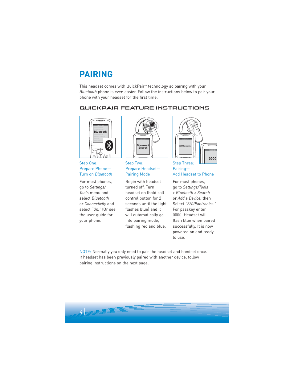 Pairing, Quickpair feature instructions | Plantronics explorer 220 User Manual | Page 4 / 12