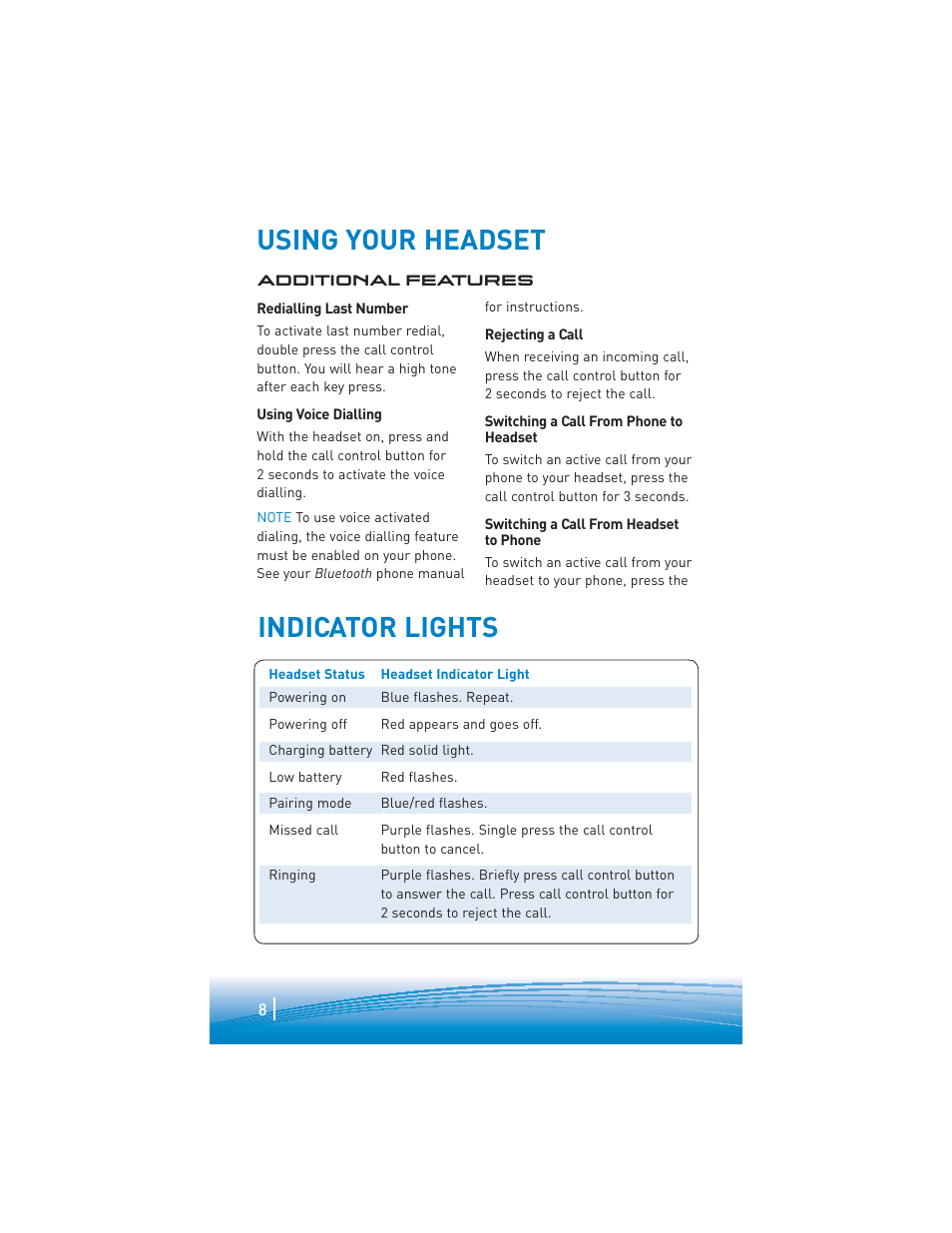 Using your headset indicator lights | Plantronics explorer 220 User Manual | Page 8 / 12