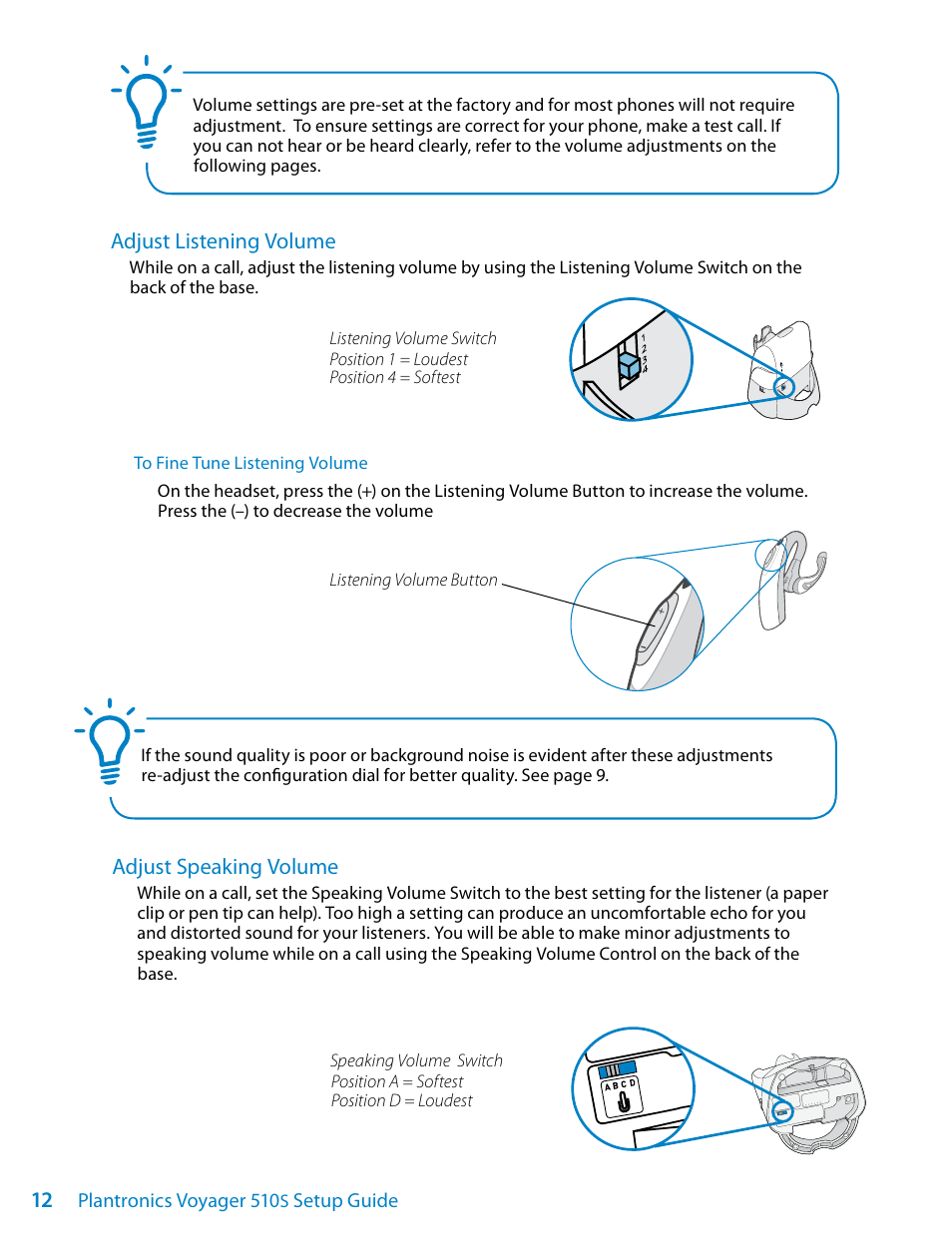 Adjust listening volume, Adjust speaking volume, Plantronics voyager 510 | Setup guide | Plantronics Voyager 510S User Manual | Page 12 / 20