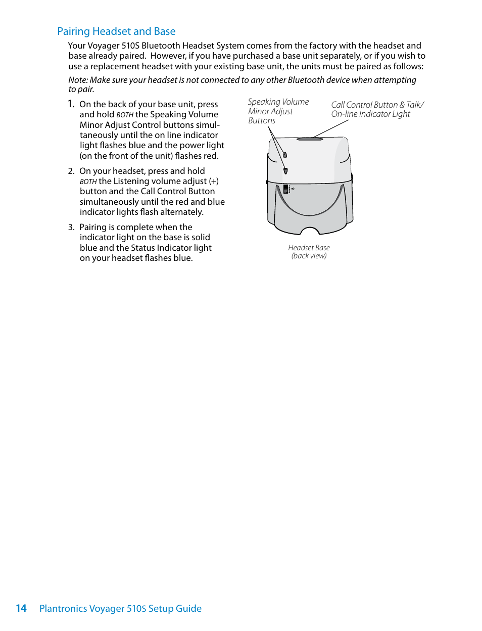 Pairing headset and base | Plantronics Voyager 510S User Manual | Page 14 / 20