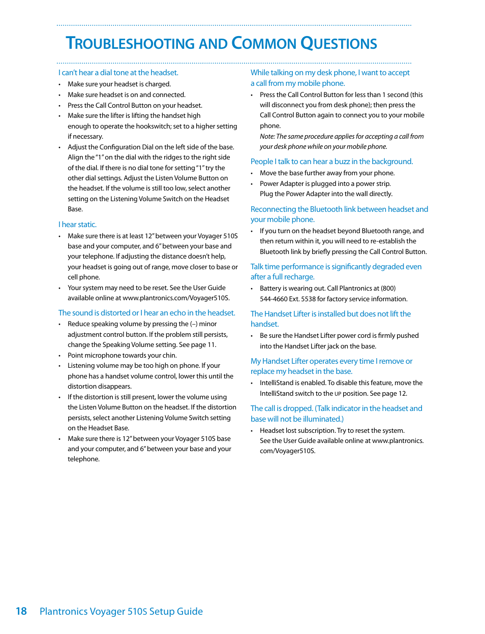 Roubleshooting, Ommon, Uestions | Plantronics Voyager 510S User Manual | Page 18 / 20