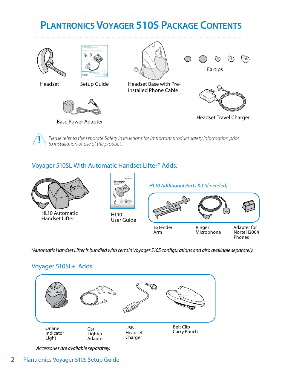 510s p, Lantronics, Oyager | Ackage, Ontents, Voyager 510sl with automatic handset lifter* adds, Voyager 510sl+ adds | Plantronics Voyager 510S User Manual | Page 2 / 20