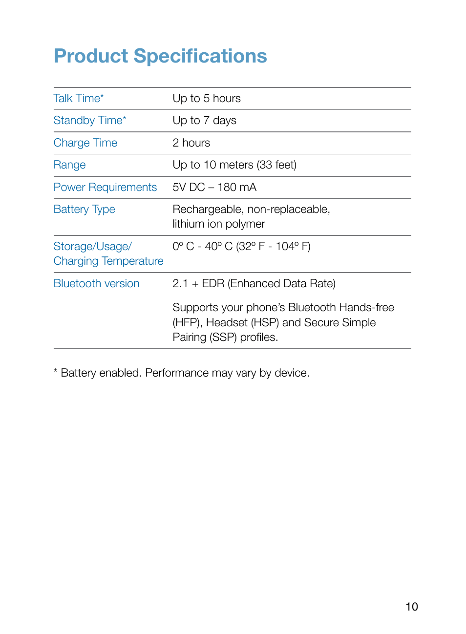 Product specifications | Plantronics 395 User Manual | Page 14 / 16