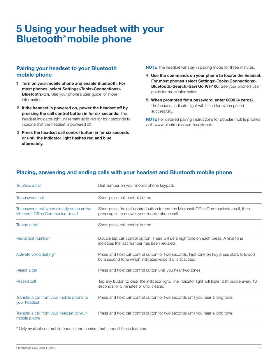 5 using your headset with your bluetooth, Mobile phone | Plantronics WG101/B User Manual | Page 11 / 17