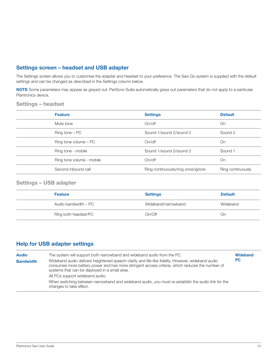 Settings screen – headset and usb adapter, Settings – headset settings – usb adapter, Help for usb adapter settings | Plantronics WG101/B User Manual | Page 13 / 17