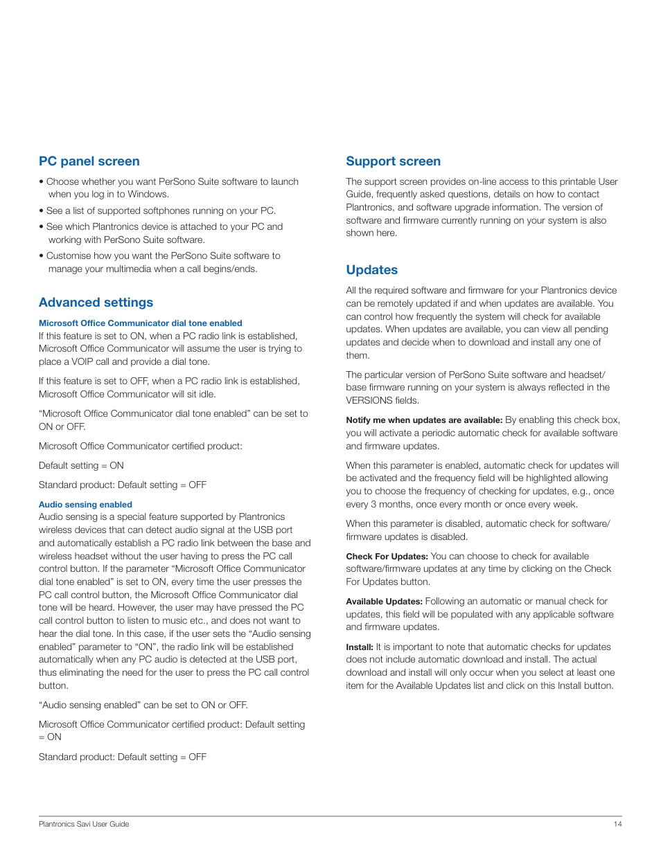 Pc panel screen, Advanced settings, Support screen | Updates | Plantronics WG101/B User Manual | Page 14 / 17