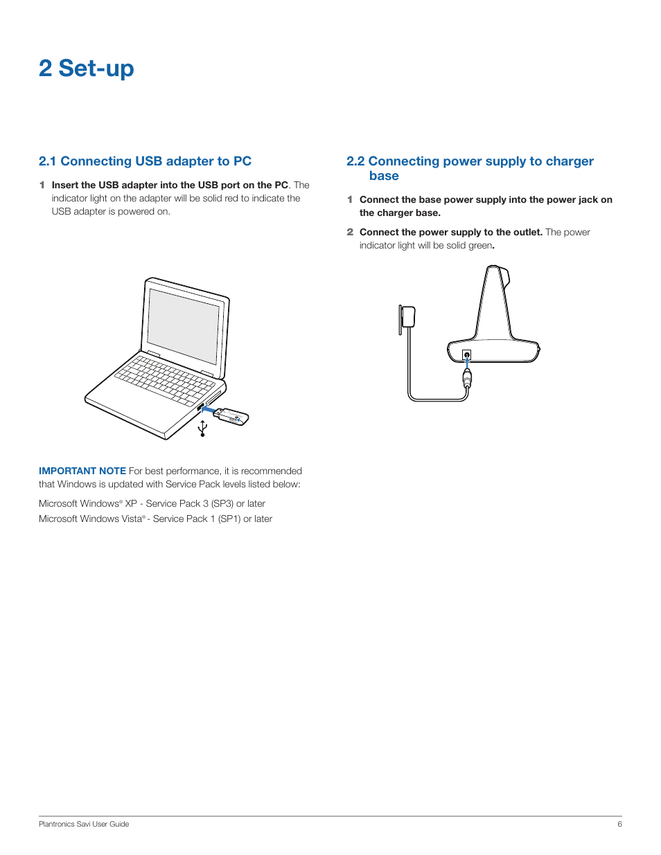 2 set-up, 2 connecting power supply to charger base, 1 connecting usb adapter to pc | Plantronics WG101/B User Manual | Page 6 / 17
