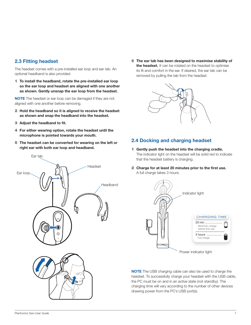 4 docking and charging headset, 3 fitting headset | Plantronics WG101/B User Manual | Page 7 / 17