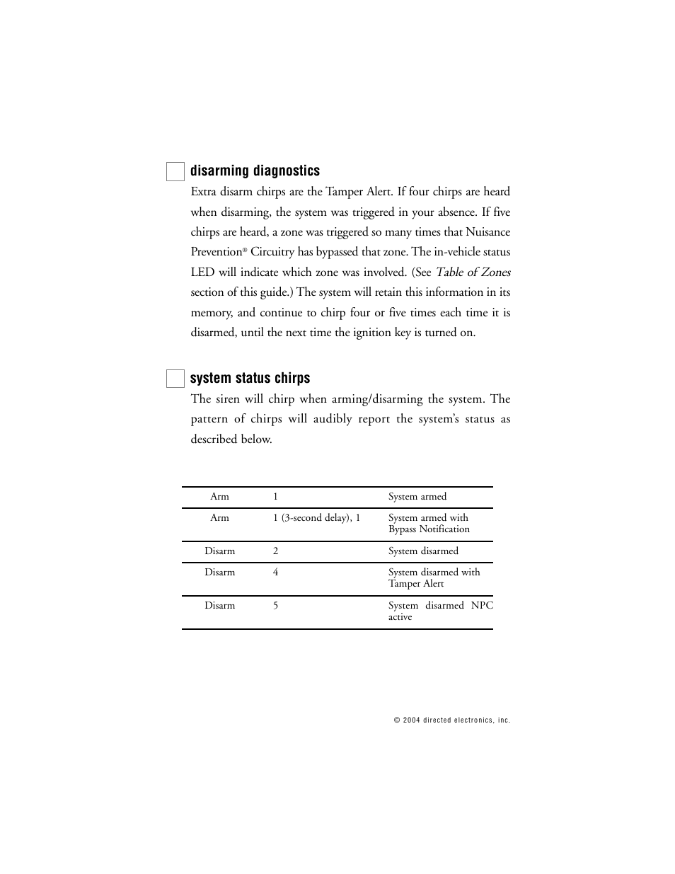 Disarming diagnostics, System status chirps | Python 671XP User Manual | Page 25 / 43