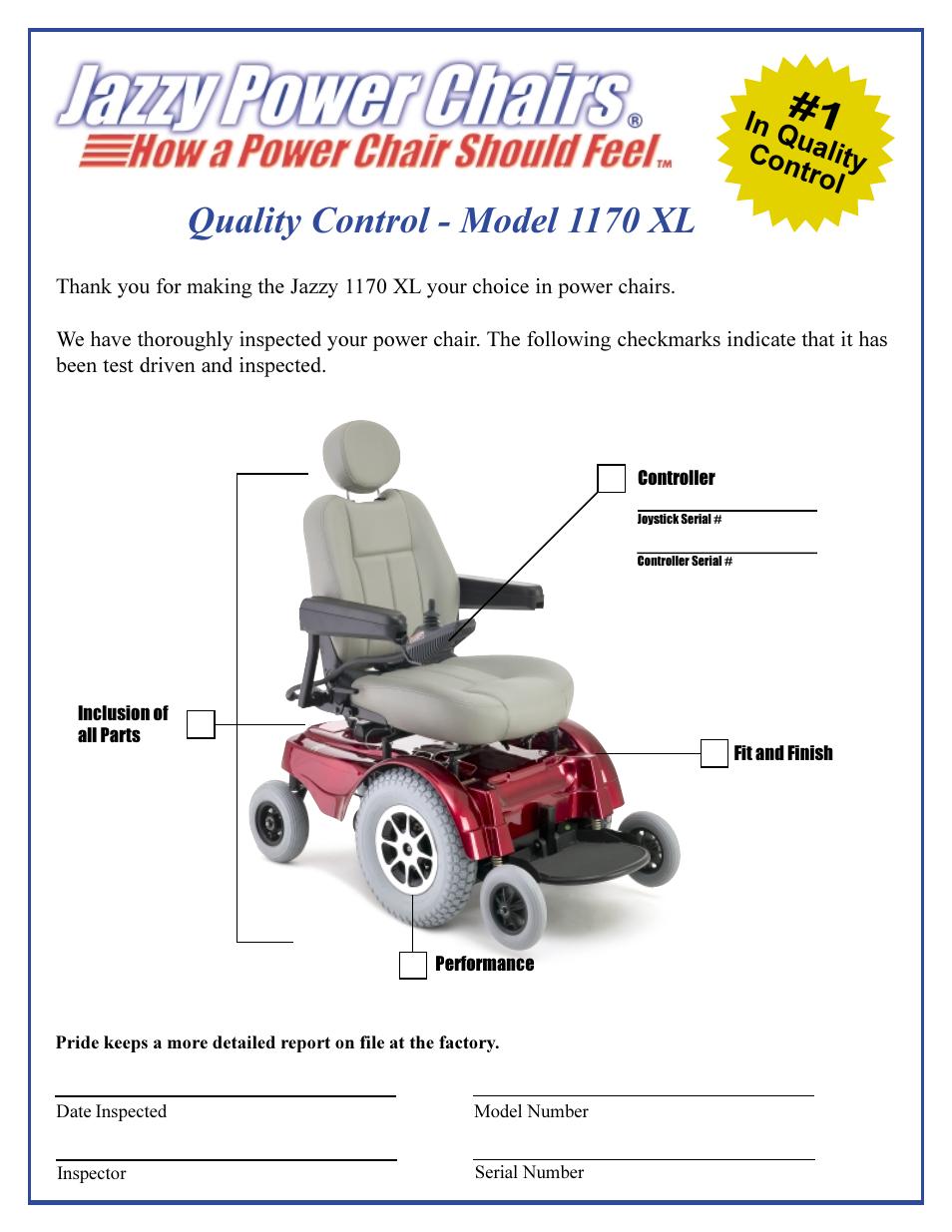 Quality control - model 1170 xl | Pride Mobility Jazzy 1170XL User Manual | Page 52 / 52