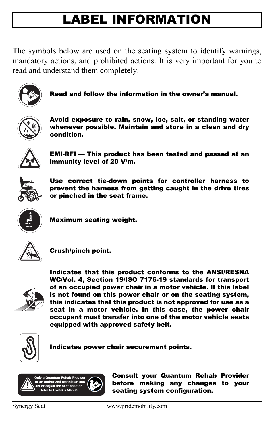 Product safety symbols, Label information | Pride Mobility ACN# 088 609 661 User Manual | Page 4 / 44