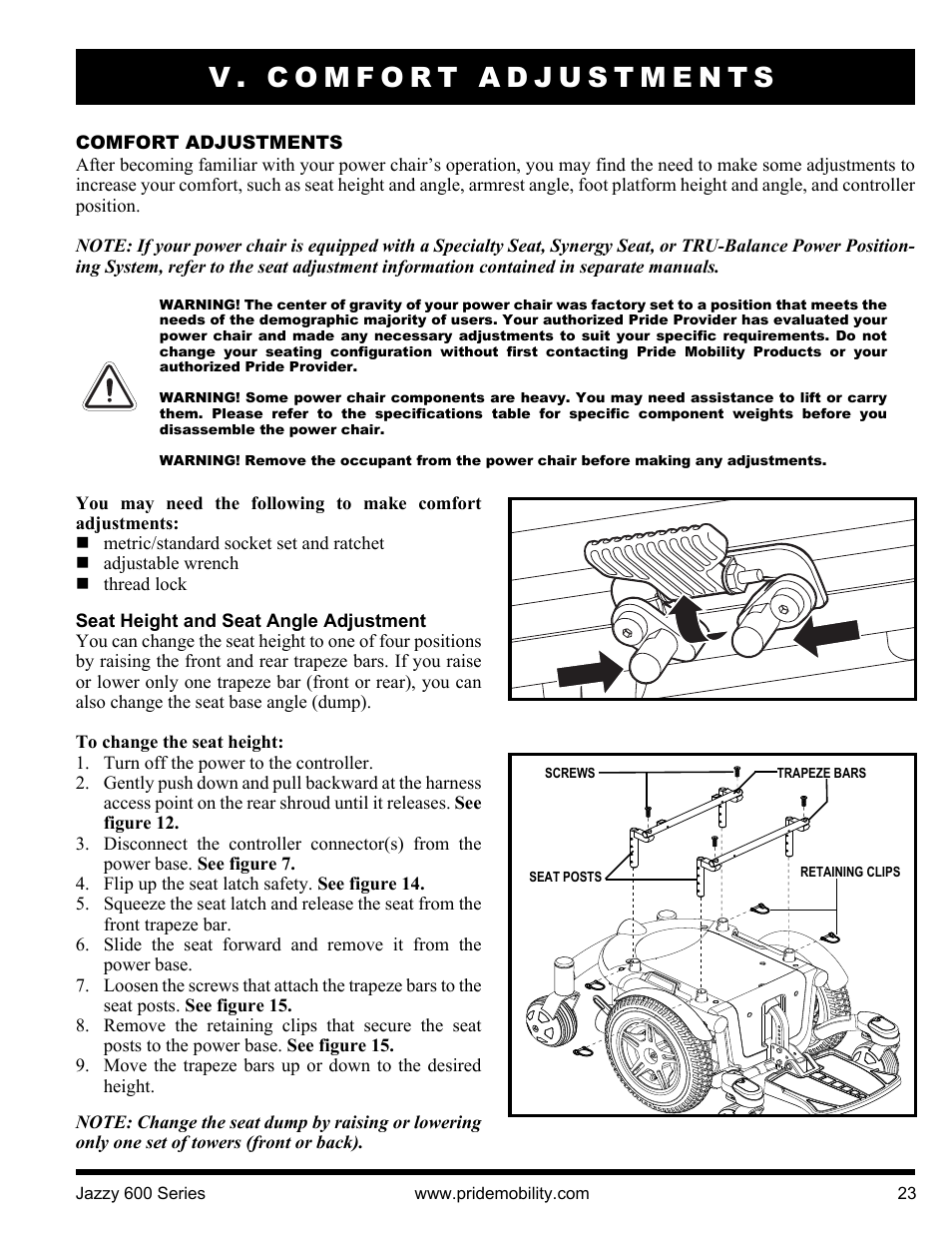 V. comfort adjustments | Pride Mobility Jazzy 600 3SP User Manual | Page 23 / 44