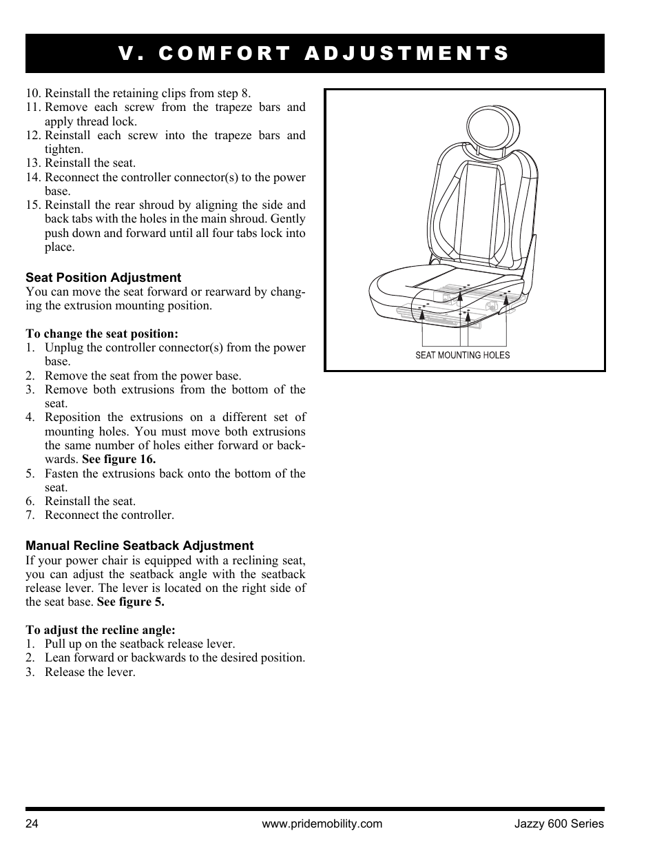 V. comfort adjustments | Pride Mobility Jazzy 600 3SP User Manual | Page 24 / 44