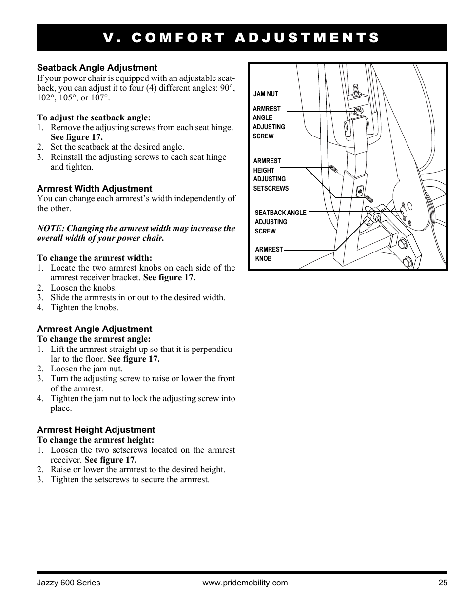 V. comfort adjustments | Pride Mobility Jazzy 600 3SP User Manual | Page 25 / 44