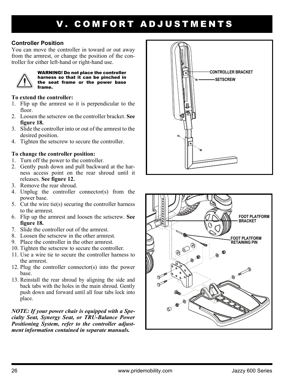 V. comfort adjustments | Pride Mobility Jazzy 600 3SP User Manual | Page 26 / 44
