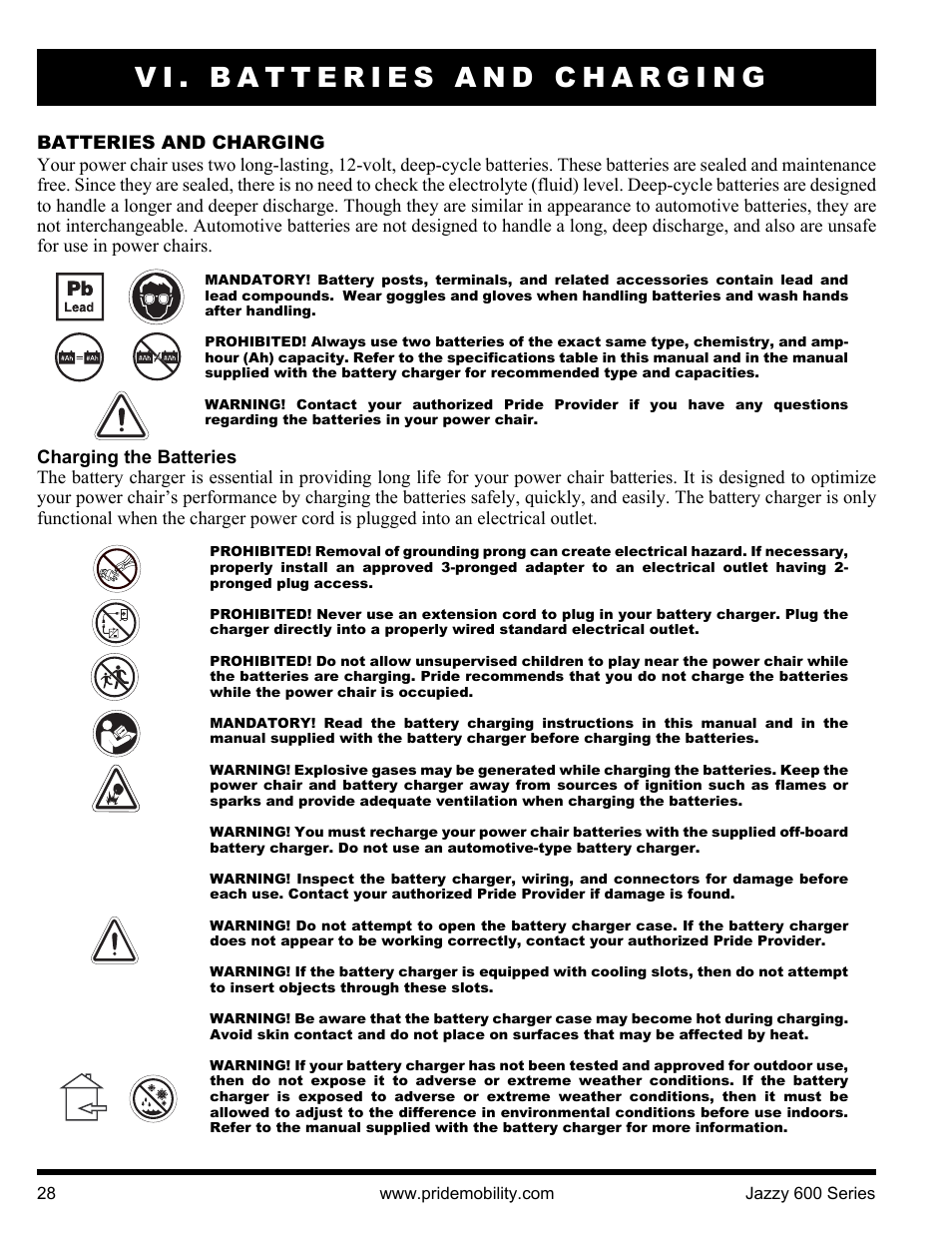 Vi. batteries and charging | Pride Mobility Jazzy 600 3SP User Manual | Page 28 / 44