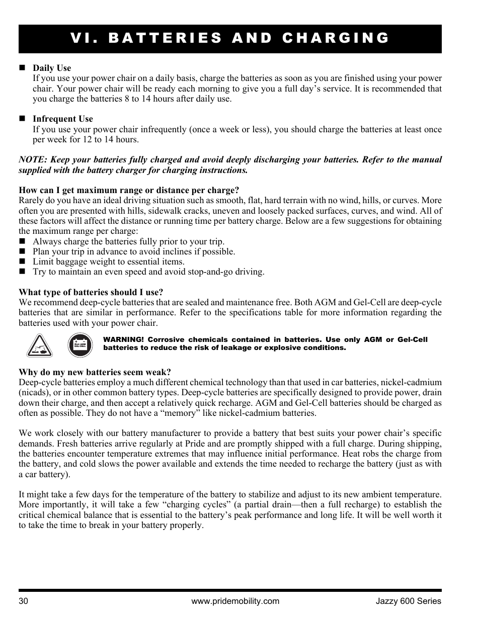 Vi. batteries and charging | Pride Mobility Jazzy 600 3SP User Manual | Page 30 / 44