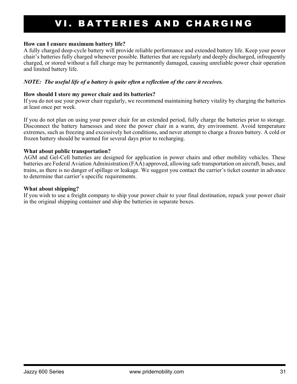 Vi. batteries and charging | Pride Mobility Jazzy 600 3SP User Manual | Page 31 / 44