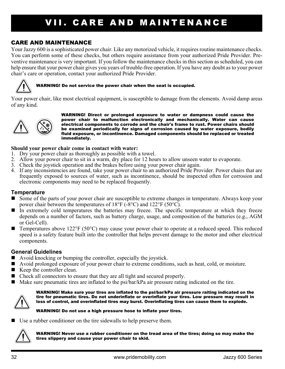 Vii. care and maintenance | Pride Mobility Jazzy 600 3SP User Manual | Page 32 / 44