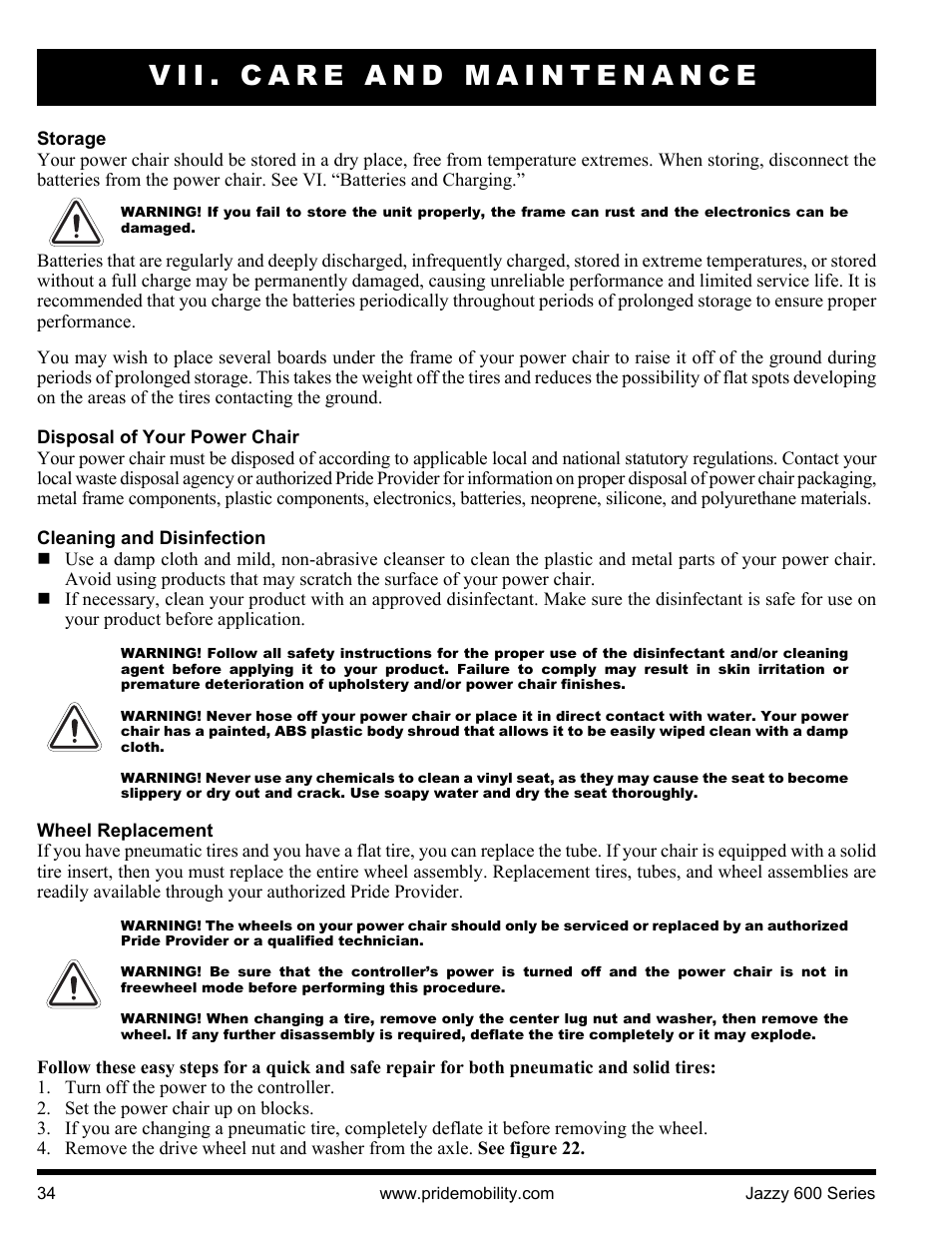 Vii. care and maintenance | Pride Mobility Jazzy 600 3SP User Manual | Page 34 / 44